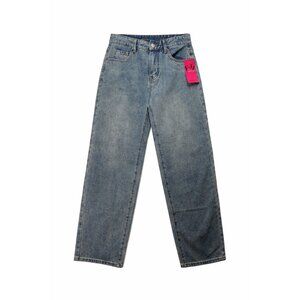 EMMIOL Women Jeans SZ S Button Zip Closure High Waisted Straight Leg Blue Denim